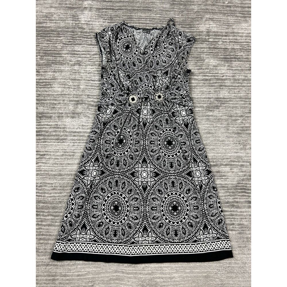 Muse Dress Womens 8 Black White Geometric Sleeveless Polyester Blend Belted